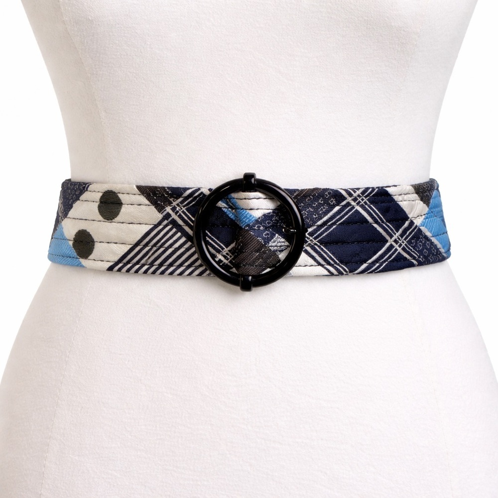 J. Crew Womens Belt 100% Silk Quilted Patchwork Blue Black S/M Preppy Coastal